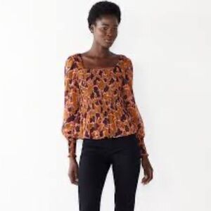 Nine West size medium brown purple floral sheer smocked long sleeve blouse